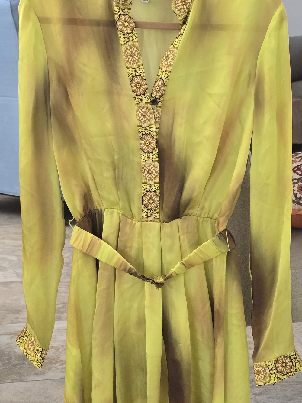 Robert Rodriguez Yellow Ombre Long Sleeve Pleated Dress with Decorative Trim